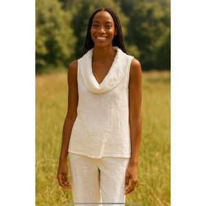 CHALET TUNIC S 100% LINEN COWL BREATHABLE COASTAL GRANDMA SUMMER RESORT CHIC